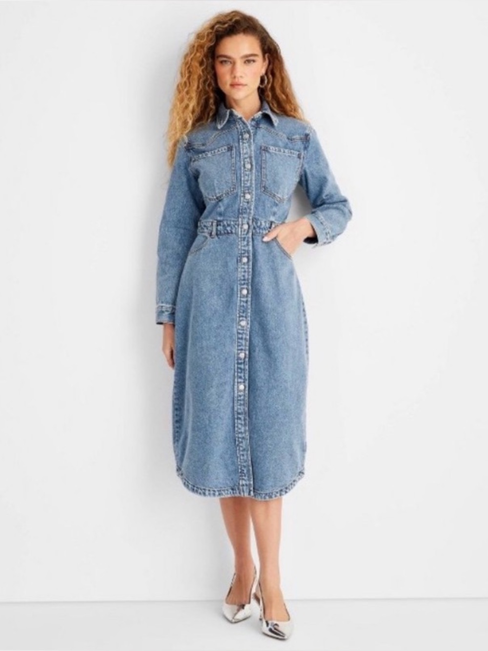 Women’s Long Sleeve Denim Button-Front Dress - Blue